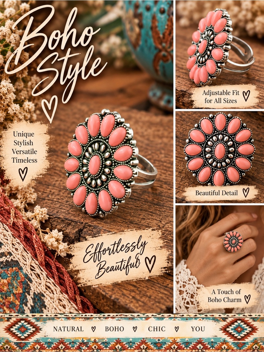 Boho Pink Floral Cluster Ring - Adjustable Women’s Fashion Jewelry